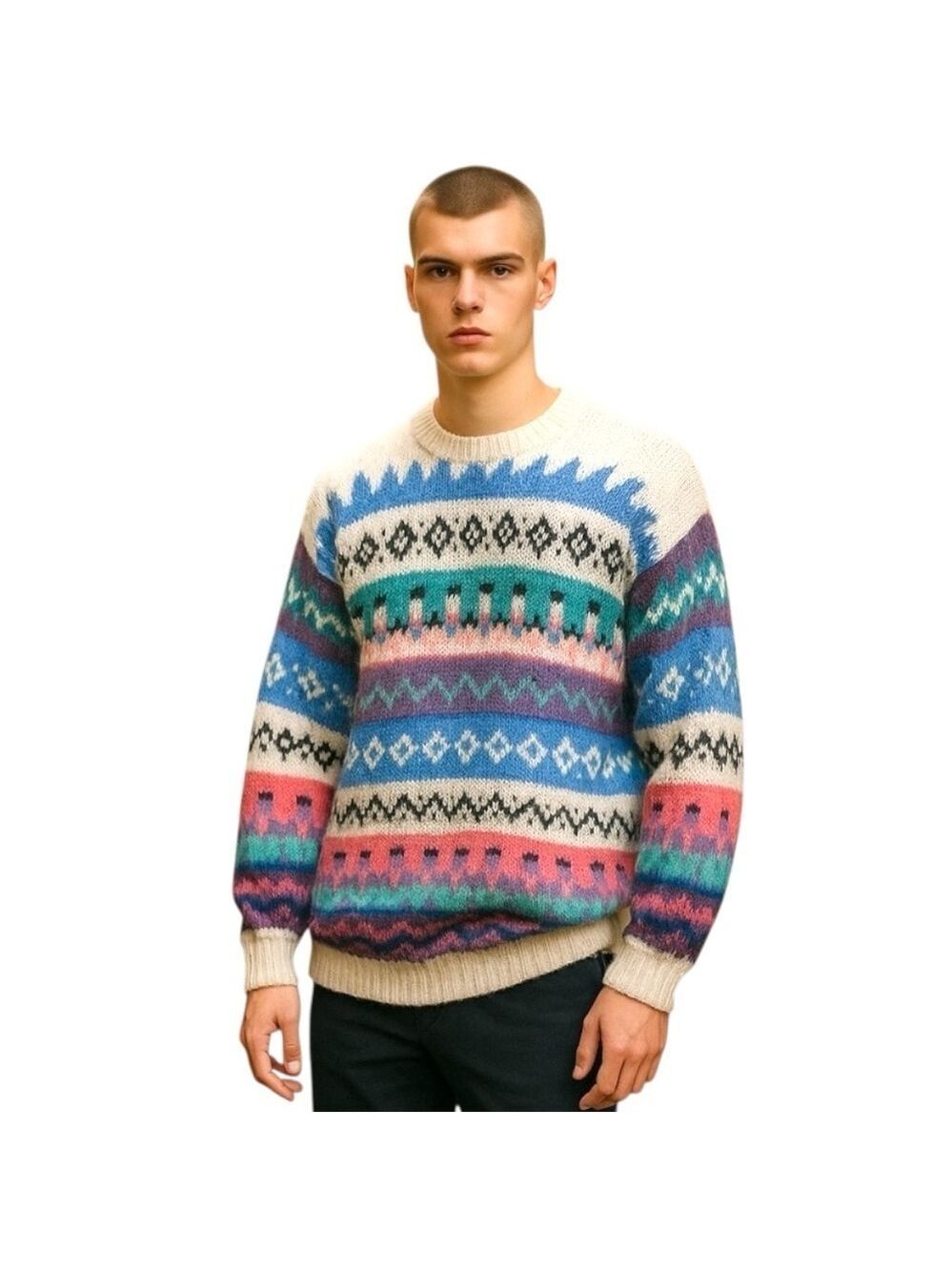 Alpaca Knit Sweater Sz L Handmade Peru Beige Colorful Fuzzy Pullover Cabin Ski